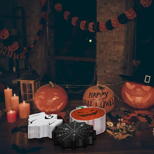 Miniatura 5 de Honoson 120 servilletas de fiesta de Halloween de 13 x 13 pulgadas, servilletas de papel de fantasma blanco de 3 capas de calabaza de Halloween