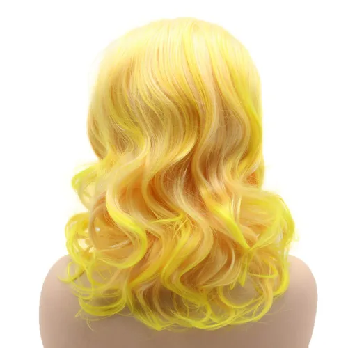 Miniatura 4 de Cabello ondulado longitud del hombro 16 pulgadas dos tonos raíz rosa dorado degradado densidad alta realista sintético encaje frente pelucas