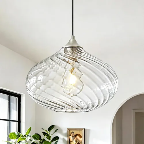 Miniatura 12 de Glass Pendant Lights Kitchen Island, 11'' Brass Gold Pendant Lighting Fixtures, Modern Hanging Ceiling Light with Striped Clear Glass Shade for