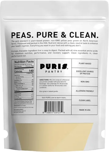 Miniatura 2 de PURIS Proteína de guisante en polvo – Vegano a base de plantas 0.95 oz por porción Sin lácteos, soja y gluten Etiqueta limpia sin OMG Sabor