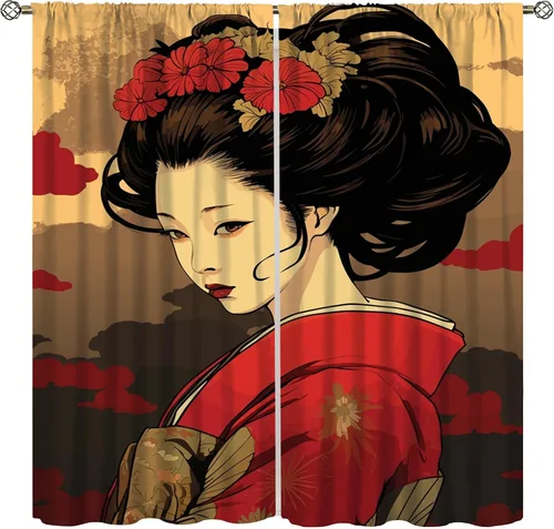 Miniatura 10 de Cortinas de geisha japonesas, flores rosas, ramas de árbol, sexy, glamour, para mujer, encantador, estética, oriental, con bolsillo para barra