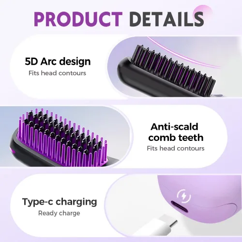 Miniatura 6 de Go Bursh - Peine alisador de cabello USB inalámbrico de iones negativos 2026, Brush Pro con pinzas trenzadas de piedra de cristal brillante, Negro