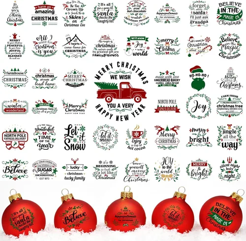 Miniatura 7 de 45 piezas de calcomanías UV con palabras de Navidad para decoración de bola de Navidad, calcomanías de letras de saludo inspiradas en vacaciones