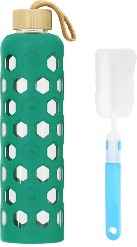 Miniatura 10 de Botella de agua de vidrio de 32 onzas con tapa de bambú, botellas reutilizables transparentes con funda de silicona y marcador de tiempo, vaso
