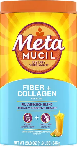 Metamucil Suplemento diario de fibra + colágeno, polvo de cáscara de psilio, suplemento de fibra a base de plantas, sin azúcar con stevia,