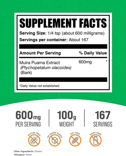 Miniatura 3 de BulkSupplements. com Muira Puama Extracto en polvo – Muira Puama Supplement, de Muira Puama Bark – Suplemento de hierbas, sin gluten, 600 mg por