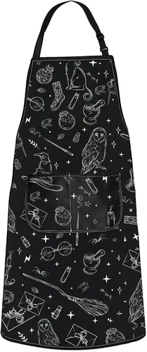 WZMPA Delantal de cocina de mago mágico con bolsillos, regalo de bruja espeluznante, delantal ajustable gótico mágico para cocinar, hornear a la