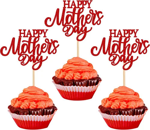 Miniatura 30 de Rsstarxi 1 paquete de decoración para pastel con flores de purpurina con doble corazón Love Mom Best Mom Best Mom Cake Pick Decoraciones para feliz