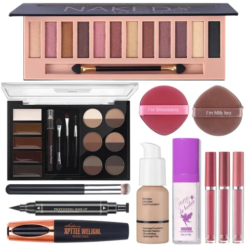 Miniatura 8 de Kit de maquillaje todo en uno, paleta de 12 colores de sombras de ojos desnudas brillantes, lápiz delineador de ojos negro resistente al agua, kit