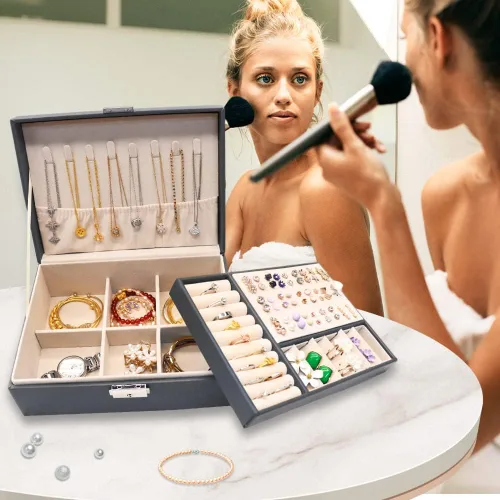 Miniatura 5 de MRMOSY Joyero organizador para mujeres y niñas caja de almacenamiento de 2 capas grande para hombres caja de joyería de piel sintética con bandeja