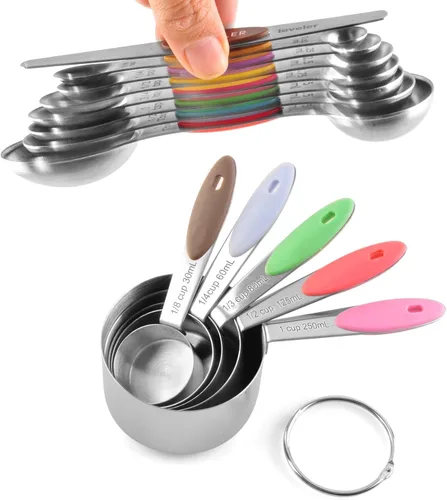 Miniatura 3 de EDELIN Juego de tazas medidoras y cucharas medidoras magnéticas, acero inoxidable, 5 tazas y 7 cucharas (multicolor)