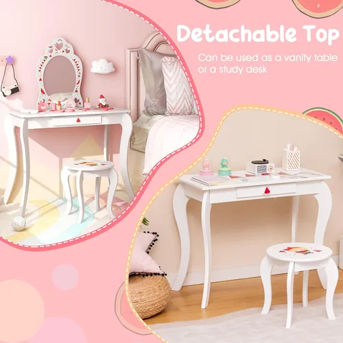 Miniatura 5 de Costzon Juego de tocador para niñas, juego de tocador con espejo y taburete, cajón de almacenamiento, tocador de maquillaje para niñas pequeñas