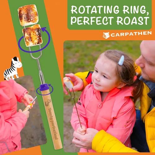 Miniatura 5 de CARPATHEN Juego de 10 palitos para asar malvaviscos con asas bellamente grabadas, perfectas como regalo, brochetas telescópicas de acero inoxidable