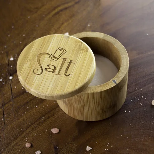 Miniatura 3 de Totally Bamboo Salero de almacenamiento de bambú con tapa giratoria magnética, grabado con sal en la tapa, capacidad de 6 onzas Grabado "Salt Shaker