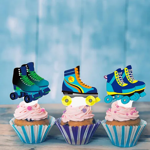 Miniatura 7 de 48 piezas de decoración para cupcakes de patinaje sobre ruedas, decoraciones de fiesta de cumpleaños para niños, temática de patinaje azul