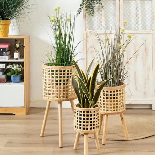 Miniatura 6 de Soporte tejido de bambú para macetas con patas de madera, cesta de ratán interior, macetas, soporte tejido para plantas de interior, soporte