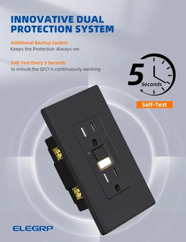 Miniatura 3 de ELEGRP Toma GFCI con luz nocturna, toma eléctrica GFI de autoprueba de 15 amperios, diseño más delgado, receptáculo GFCI resistente a manipulación