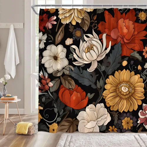 Cortina de ducha floral bohemia negra, colorida, vintage, hermosas hojas de flores, flores brillantes, moderna, estética, rústica, decoración de