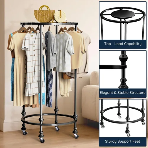 Miniatura 2 de Perchero redondo con ruedas, estante de ropa multiusos de doble espacio independiente con ruedas y parte superior, organizador de ropa comercial