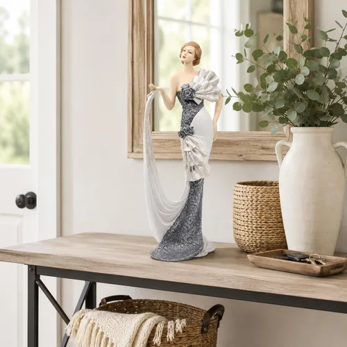 Miniatura 3 de Comfy Hour Figura de dama victoriana de 13 pulgadas, elegante estatua de mujer en vestido blanco y plateado, estilo art déco de los años 20, acento