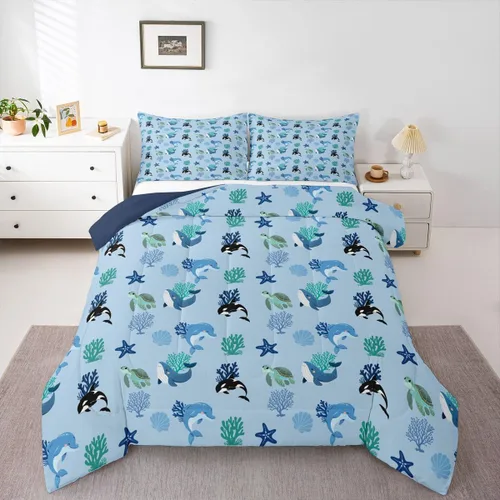 Erosebridal Blue Ocean - Juego de edredón tamaño individual | Juego de ropa de cama de ballena delfín y tortuga marina para niños y niñas, juego de