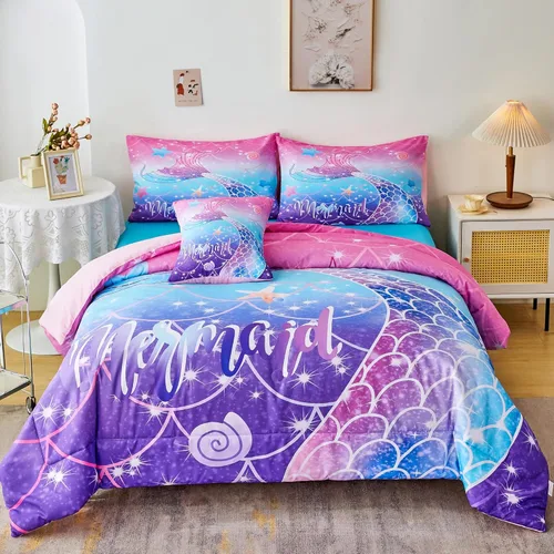 Miniatura 19 de RYNGHIPY Juego de ropa de cama tamaño matrimonial de sirena para niñas, colorido arco iris, juego de edredón con sábanas suaves y ligeras, 6 piezas