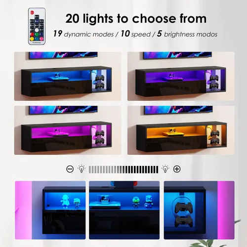 Miniatura 4 de SogesPower Soporte flotante para TV montado en la pared con luces, soporte de TV LED, centro de entretenimiento flotante con almacenamiento
