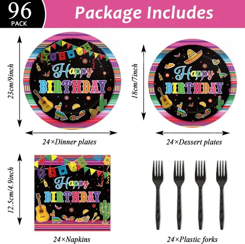 Miniatura 2 de Tevxj Juego de vajilla de 96 piezas para fiesta mexicana de feliz cumpleaños, platos de postre desechables, platos de fiesta, servilletas, tenedores