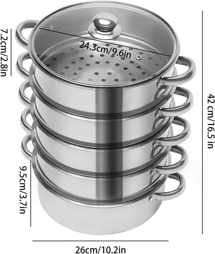 Miniatura 8 de Olla de vapor de 5 niveles de acero inoxidable, 10.24 pulgadas/11.02 pulgadas/11.81 pulgadas, utensilios de cocina al vapor con tapa de vidrio, olla