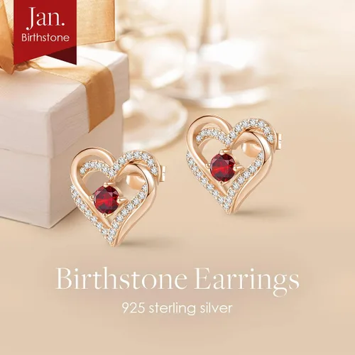 Miniatura 4 de Aretes CDE Forever Love Heart de plata de ley 925, chapados en oro rosa, con piedra de nacimiento de diciembre, circonita cúbica de calidad 5 A