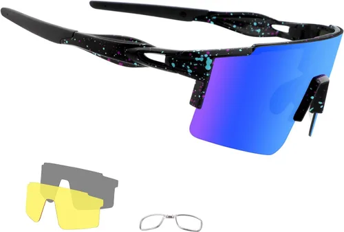 OULAIQI Gafas de sol de ciclismo, polarizadas, para hombres y mujeres, con 1 lente o 3 lentes intercambiables, gafas de béisbol Lente negra y azul-3