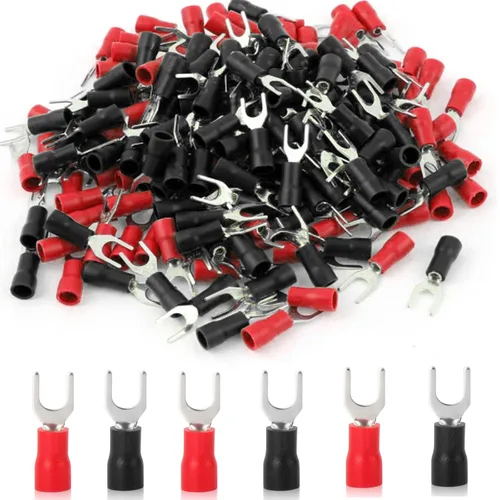 100 piezas 12-10 AWG Conectores de cable con anilla de horquilla y pala, tipo U, eléctricos, con aislamiento negro y rojo, terminales de crimpado