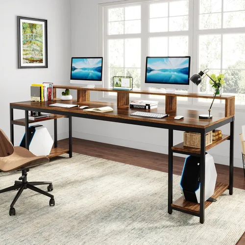 Miniatura 5 de Tribesigns Escritorio para Dos Personas con Soporte para Monitor, Escritorio de Oficina Doble para Computadora de 78.74" de Largo con Estantes