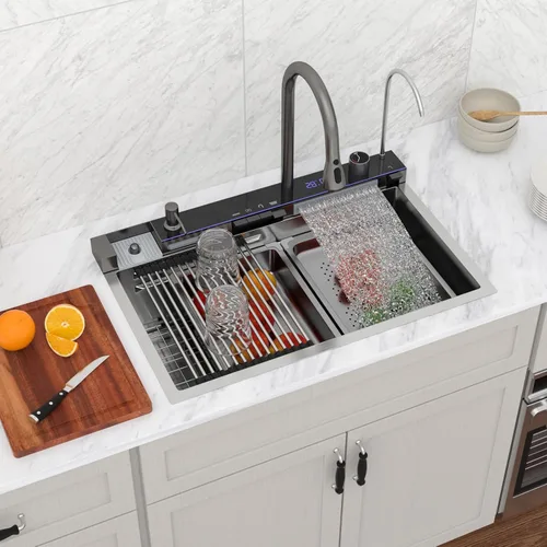 Miniatura 24 de Logmey Fregadero de cocina negro 33x22 empotrable, estación de trabajo de fregadero de cocina, SUS304 calibre 16 acero inoxidable, tazón individual