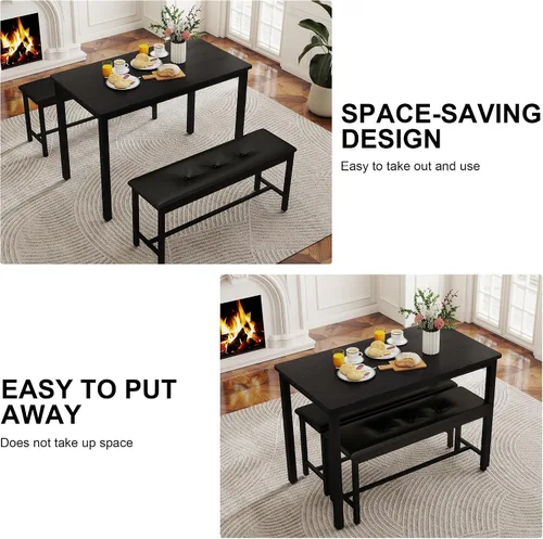 Miniatura 2 de Juego de mesa de comedor para 4, mesa de cocina con 2 bancos, muebles de comedor de madera de 3 piezas, juegos de sillas de comedor para rincón
