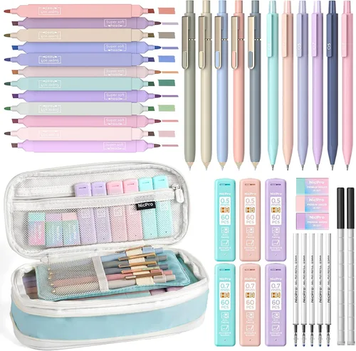 Miniatura 9 de Nicpro Juego de 50 artículos escolares con estuche para lápices, 6 bolígrafos de gel y recargas, 12 resaltadores, 6 lápices mecánicos artísticos, 12