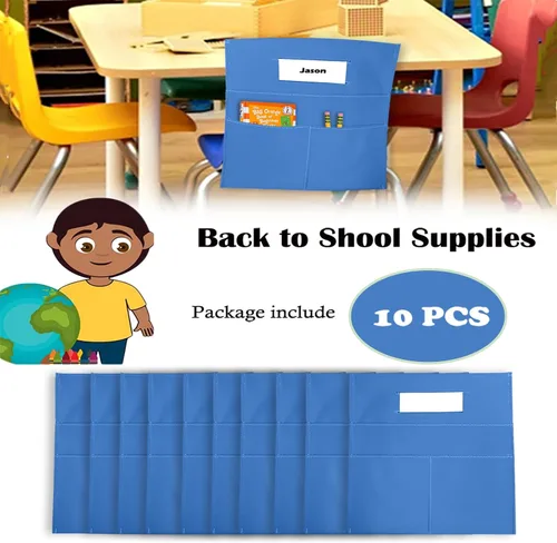 Miniatura 3 de Organizador colgante para silla de aula, bolsa de almacenamiento con bolsillo para asiento de estudiante, suministros escolares para niños, 10