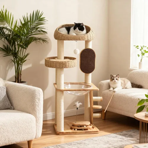 Miniatura 5 de Árbol moderno para gatos, torre de árbol para gatos con cápsula espacial, nido de cesta tejida a mano, postes de sisal y tabla de rascar, torre