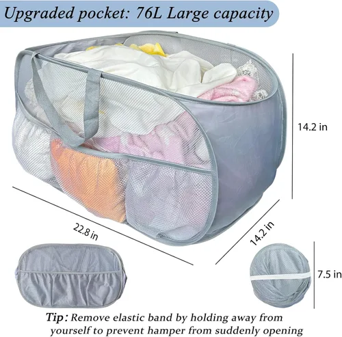 Miniatura 3 de Cestas plegables para la ropa sucia, paquete de 2 cestas de malla desplegable con asas, cesta portátil para escalera, cubo plegable para dormitorio
