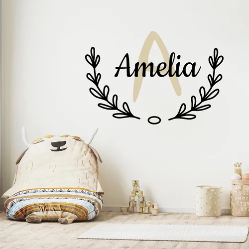 Miniatura 15 de Calcomanías de pared personalizadas con nombre de bebé en un bonito marco con ramas y hojas, calcomanías para paredes con nombre personalizado