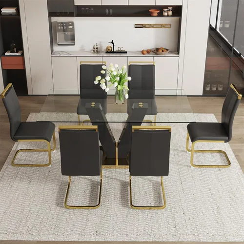 Miniatura 3 de Juego de mesa de comedor de vidrio de 71 pulgadas para 6, juego de mesa de comedor para 6, mesa de cocina moderna y 6 sillas de PU, parte superior 6