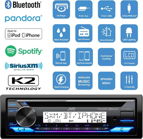 Miniatura 2 de JVC Receptor estéreo marino Bluetooth USB/AUX de un solo DIN, 4 altavoces negros de barco de 6.5 pulgadas y 180 vatios, antena de radio negra