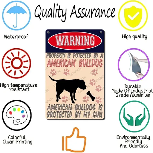 Miniatura 3 de LIUAXICIA Letreros divertidos de metal con texto en inglés "Warning Property is Potected by A American Bulldog is Protected by My Gun" The Coffee