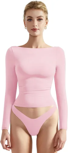 Miniatura 11 de SUUKSESS Camiseta de mujer con cuello redondo, manga larga, doblemente forrada, ajustada y corta