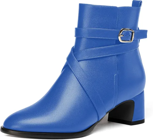 Miniatura 17 de WAYDERNS Botas altas de tobillo con hebilla casual para mujer, con correa de tobillo sólida mate, tacón bajo y grueso, 2 pulgadas