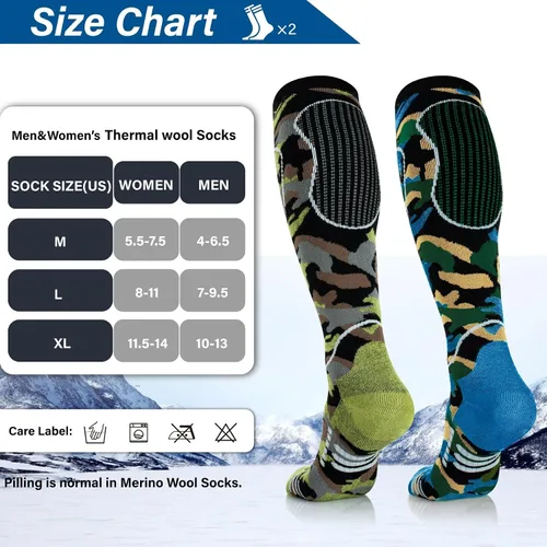 Miniatura 5 de Calcetines de esquí de lana merina, 2 pares, calcetines térmicos hasta la rodilla para snowboard, senderismo, clima frío, nieve, caza