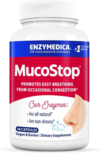 Enzymedica, MucoStop, suplemento enzimático natural, alivia la congestión estacional u ocasional, apoya la respiración fácil, 48 unidades