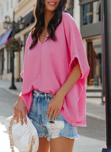Miniatura 2 de Dokotoo Camisas casuales de manga corta con cuello en V para mujer, blusas sólidas de gran