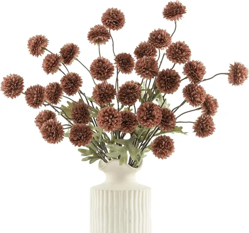Miniatura 9 de DuHouse 6 piezas de flores artificiales de seda falsa pompón, mini rosa falsa pequeña con tallos para ramos de bodas, centros de mesa, jarrones, Café