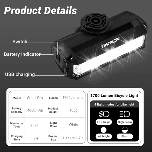 Miniatura 3 de Luz LED Súper Brillante para Bicicleta de 3400 Lúmenes Recargable por USB - Faro de Bicicleta de 5 Modos con 7H de Duración, IPX6 Resistente al